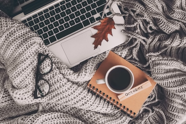 Cup of tea with notebook, laptop and knitting clothes.