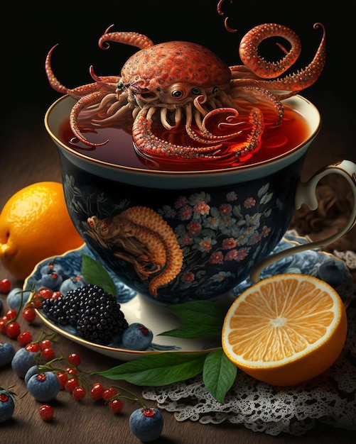 A cup of tea with a octopus on it