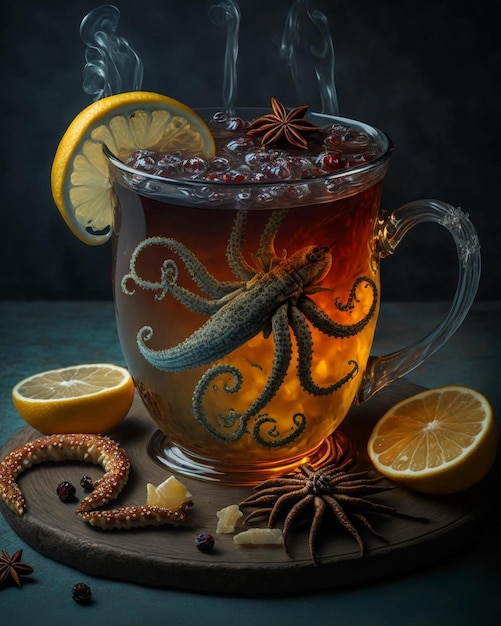 A cup of tea with an octopus on it