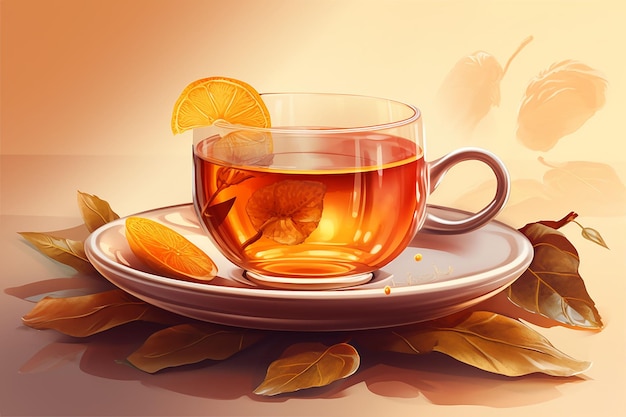 A cup of tea with an orange slice on a saucer and leaves on the background