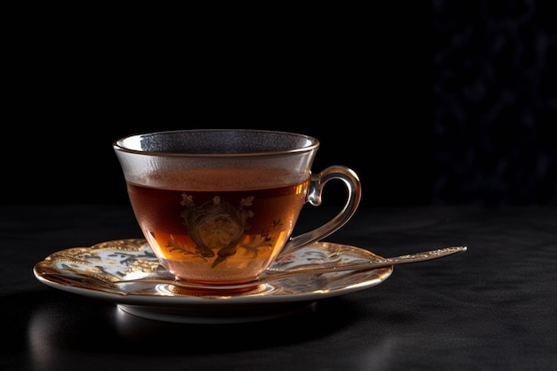 Cup of tea with rose petals on a black background