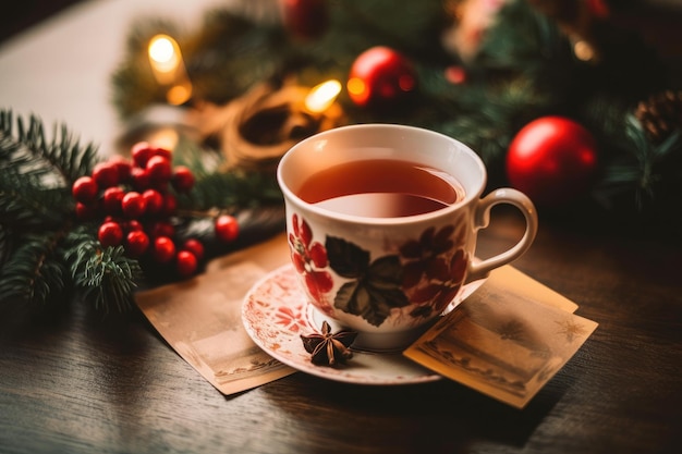 a cup of tea with a saucer and a plate with berries and a star anise