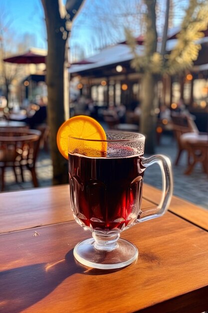 a cup of tea with a slice of lemon on it sits on a table