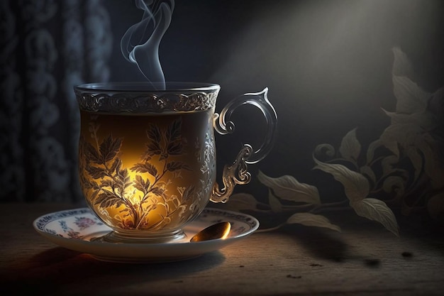 A cup of tea with a smoke coming out of it