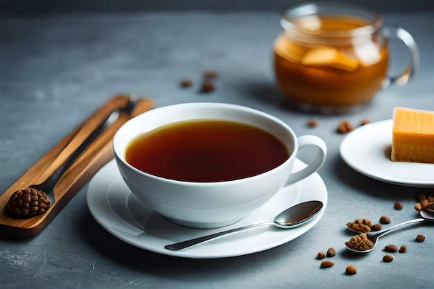 a cup of tea with spices and tea on a table.