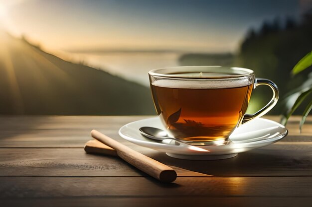 A cup of tea with a spoon on a plate with a spoon and a spoon