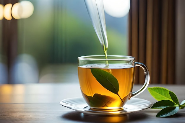 a cup of tea with a spoon pouring from it