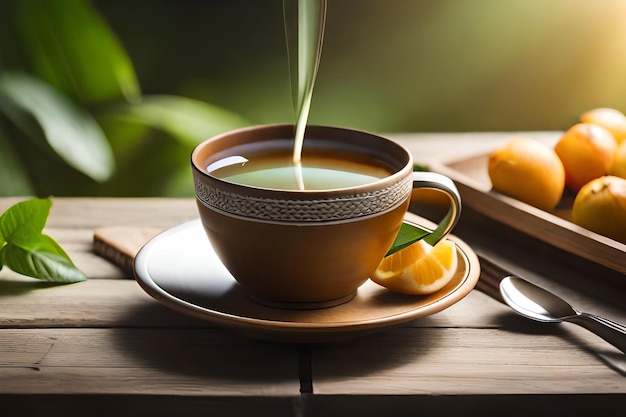 a cup of tea with a spoon and a spoon on a wooden table.