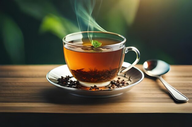 A cup of tea with a sprig of mint on a saucer