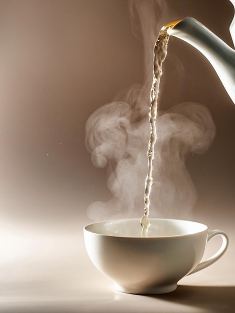 Cup of tea with steam on brown background Process brewing tea Concept of Tea Break