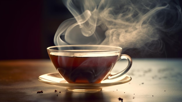 A cup of tea with steam rising from it