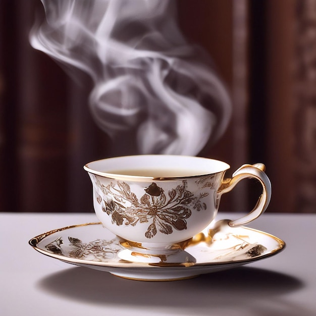 Cup of tea with steam on the table in the room