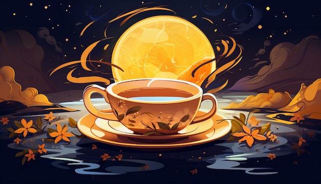 a cup of tea with the sun behind it