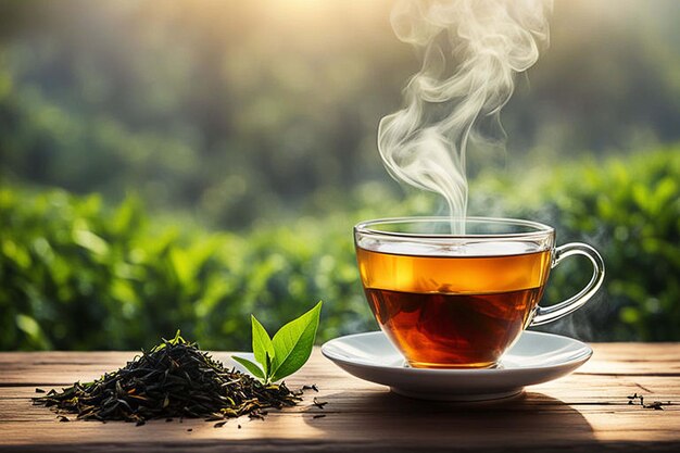 a cup of tea with a tea cup on a wooden table