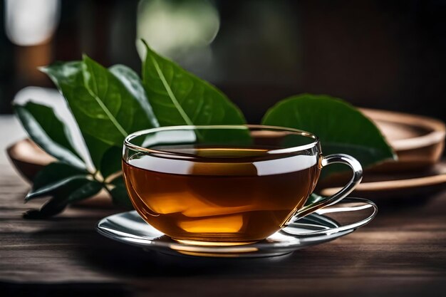 Photo a cup of tea with a tea leaf on a table