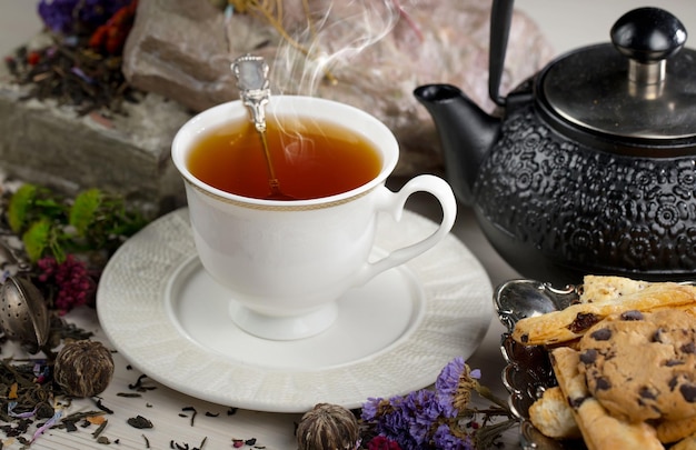 A cup of tea with a teapot and a cup of tea on the table