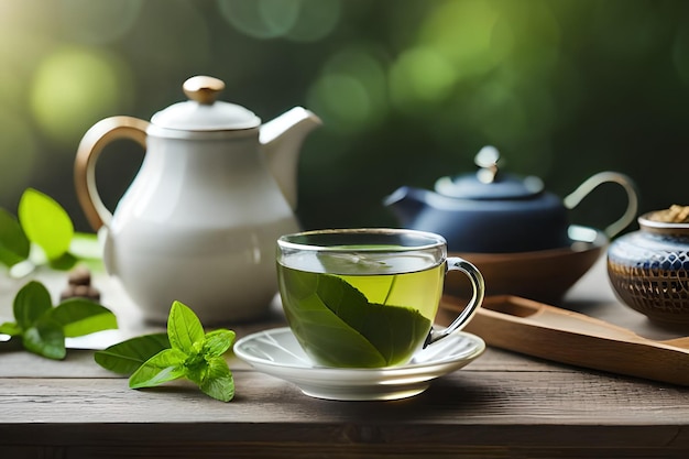 Photo a cup of tea with a teapot and green leaves