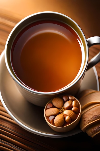 A cup of tea with walnuts and a walnut on a plate