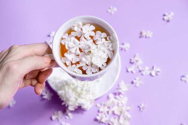 A cup of tea with white hydrangea petals delicate still life with flowers and a cup of tea