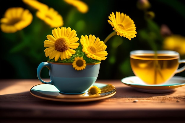 A cup of tea with yellow flowers in it