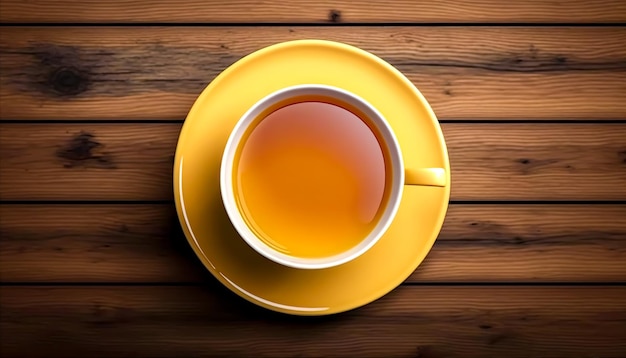 Photo cup of tea on a wooden background top view generative ai
