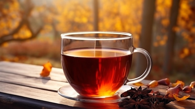 Чашка чая на деревянном столе возле окна в осеннем лесу