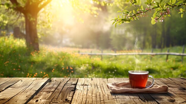 Cup of tea on wooden table in spring garden with blooming tree