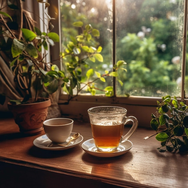 A cup of tea on a wooden table with flowers in the background