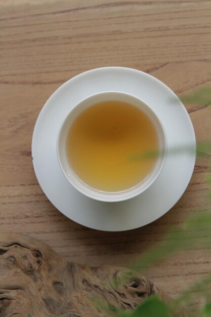 A cup of tea on a wooden table