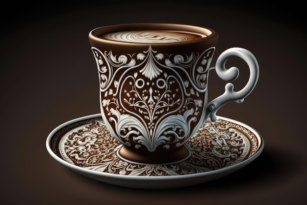 Cup of turkish coffee with delicate design traced in foamed milk