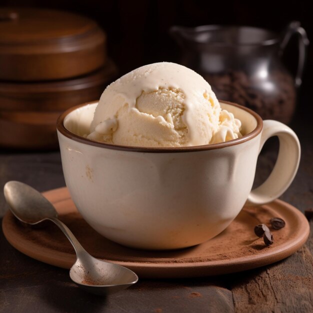 A cup of vanilla ice cream sits on a table with a spoon.