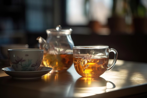 A cup of warm fresh tea standing on a wooden table in a cozy sunny interior generative ai