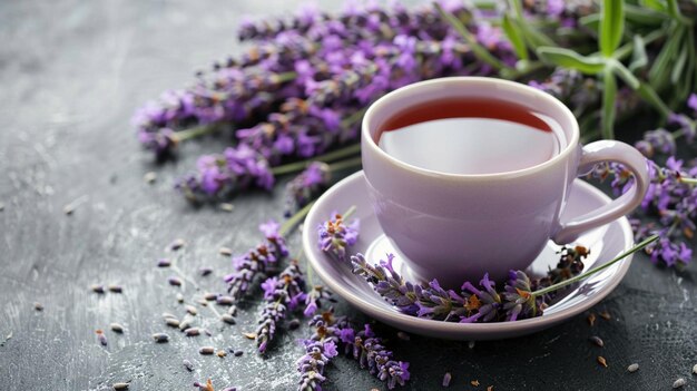 A cup of warm herbal lavender tea surrounded by fresh lavender flowers on a slate background