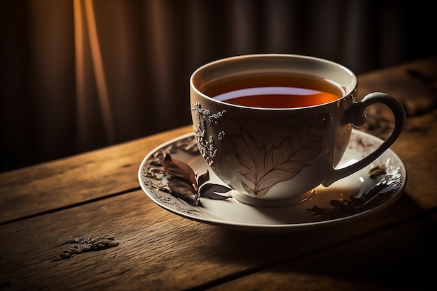 A cup with black tea isolated on a wooden background