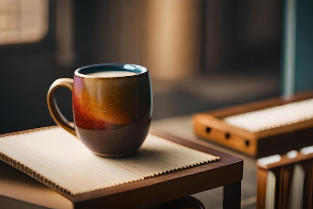 A cup with a blue lid sits on a table.