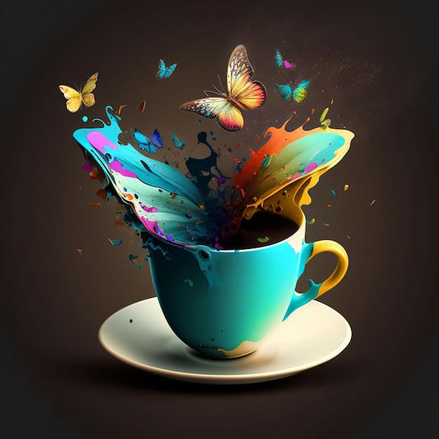A cup with a butterfly painted on it is being filled with butterflies.