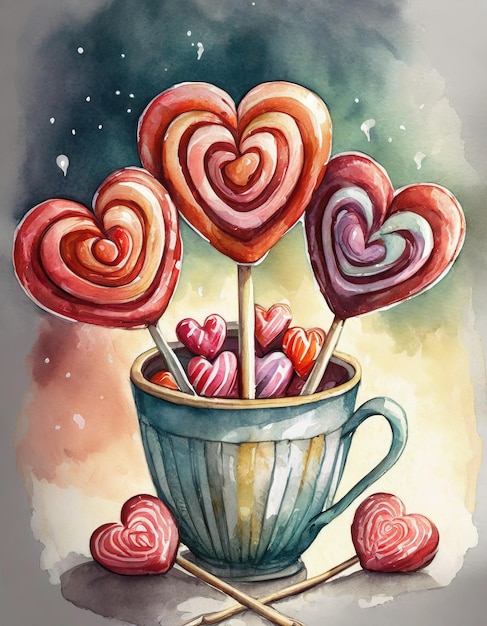 Cup with candies and hearts Watercolor illustration