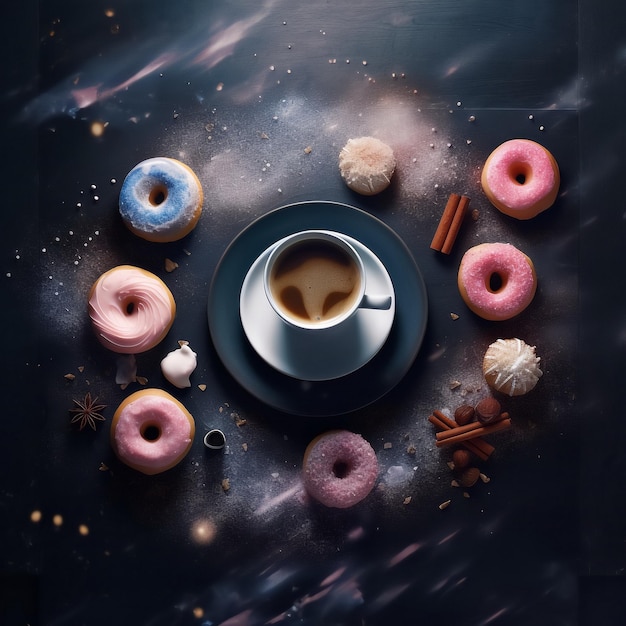 A cup with coffee in the center and donuts in pink and blue caramel glaze view from above