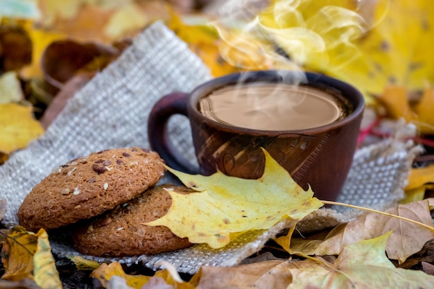 Cup with coffee and cookies in autumn park among yellow leaves