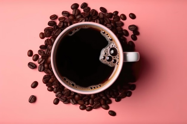 Cup With Coffee On Pink Background Top View Generative AI