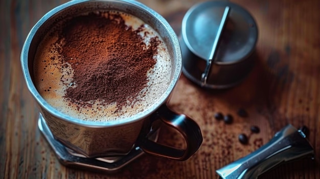 Cup with espresso on a beautiful coffee background The process of making coffee