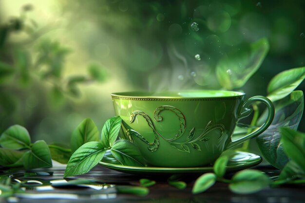 Cup with green tea and green leaves
