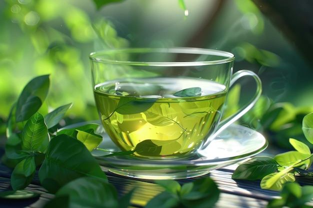 Cup with green tea and green leaves