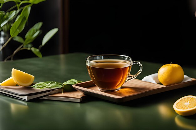 Photo cup with green tea and lemon on green shiny background