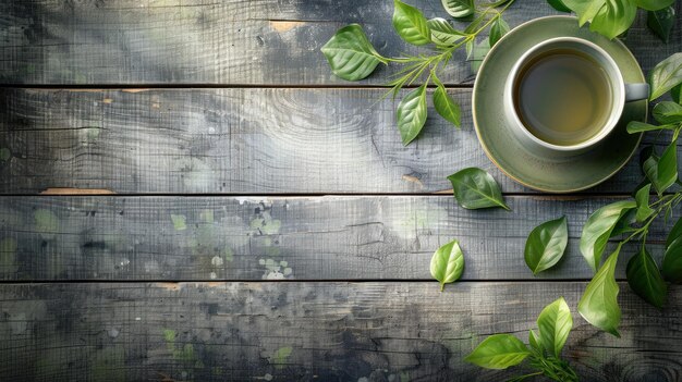 写真 灰色の木製の背景に緑茶のカップ