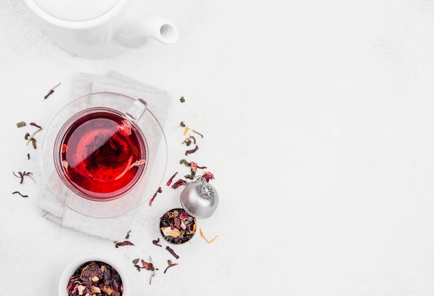 Cup with herbal tea and copy-space