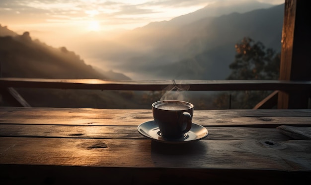 日の出と山の背景に木製のテーブルの上に熱いコーヒーを飲む