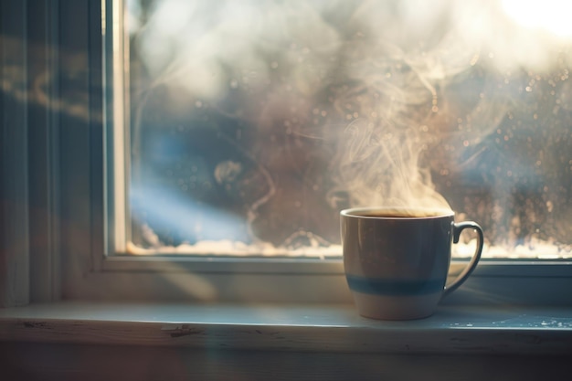 Photo cup with hot drink on a windowsill