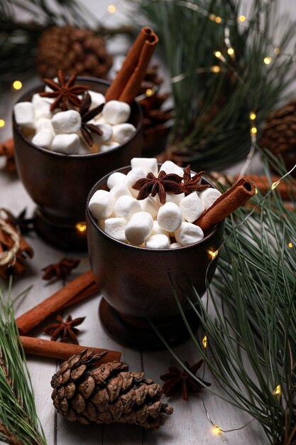 Cup with marshmellows and cinnamon sticks