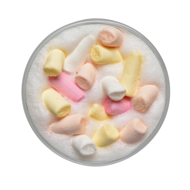 Cup with milk foam and marshmallow isolated Top view